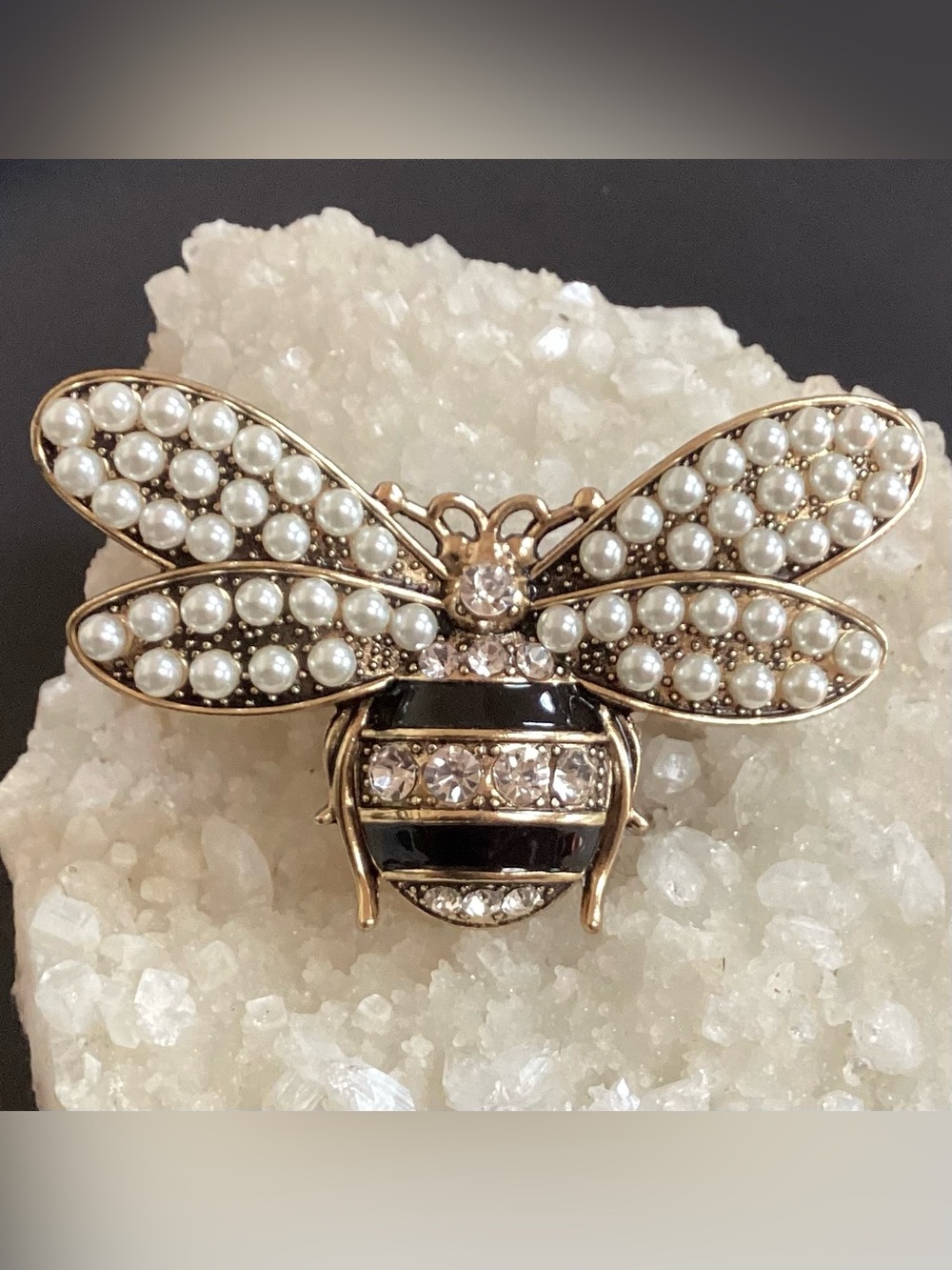 Gold-Tone Bee Brooch with Pearls and Crystals